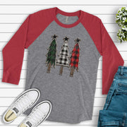 Christmas Raglan, Distressed Wooden Plaid Christmas Trees, Wooden Christmas Trees Design, premium Raglan 3/4 sleeve shirt, plus size, 2X, 3X