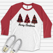 Christmas Raglan, Cute Red Buffalo Christmas Trees in Snow, Christmas Trees Design on premium Raglan 3/4 sleeve shirt, plus size, 2X, 3X