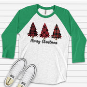 Christmas Raglan, Cute Red Buffalo Christmas Trees in Snow, Christmas Trees Design on premium Raglan 3/4 sleeve shirt, plus size, 2X, 3X