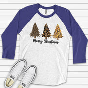 Christmas Raglan, Cute Leopard Print Christmas Trees in Snow, Christmas Trees Design on premium Raglan 3/4 sleeve shirt, plus size, 2X, 3X