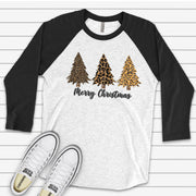 Christmas Raglan, Cute Leopard Print Christmas Trees in Snow, Christmas Trees Design on premium Raglan 3/4 sleeve shirt, plus size, 2X, 3X
