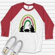 Christmas Raglan, Manger Scene Rainbow, Cute Christmas Rainbow with Baby Jesus Design on premium Raglan 3/4 sleeve shirt, plus size, 2X, 3X