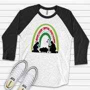 Christmas Raglan, Manger Scene Rainbow, Cute Christmas Rainbow with Baby Jesus Design on premium Raglan 3/4 sleeve shirt, plus size, 2X, 3X