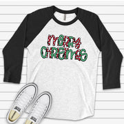 Christmas Raglan, Fun Polka Dot Merry Christmas Word Art, Merry Christmas Design on premium Raglan 3/4 sleeve shirt, plus size, 2X, 3X
