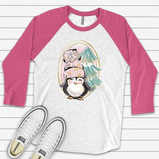 Christmas Raglan, Cute Penguin in Toboggan, Pastel Penguin and Tree Design on premium Raglan 3/4 sleeve shirt, plus size, 2X, 3X