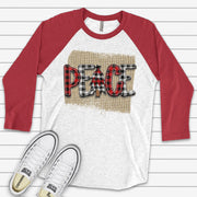 Christmas Raglan, Plaid PEACE on Burlap, Christmas Peace with Christmas Tree  Design on premium Raglan 3/4 sleeve shirt, plus size, 2X, 3X