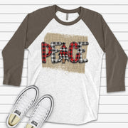 Christmas Raglan, Plaid PEACE on Burlap, Christmas Peace with Christmas Tree  Design on premium Raglan 3/4 sleeve shirt, plus size, 2X, 3X