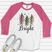 Christmas Raglan, Chic Christmas Trees, Pink, Yellow and Green Trees Bright Design on premium Raglan 3/4 sleeve shirt, plus size, 2X, 3X
