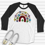 Christmas Raglan, Cute Christmas Rainbow with Lights, Plaid Christmas Rainbow Design on premium Raglan 3/4 sleeve shirt, plus size, 2X, 3X