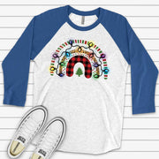 Christmas Raglan, Cute Christmas Rainbow with Lights, Plaid Christmas Rainbow Design on premium Raglan 3/4 sleeve shirt, plus size, 2X, 3X