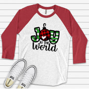 Christmas Raglan, Cute Joy to the World Plaid Ornament,  JOY Ornament Design, premium Raglan 3/4 sleeve shirt, plus size, 2X, 3X
