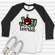 Christmas Raglan, Cute Joy to the World Plaid Ornament,  JOY Ornament Design, premium Raglan 3/4 sleeve shirt, plus size, 2X, 3X
