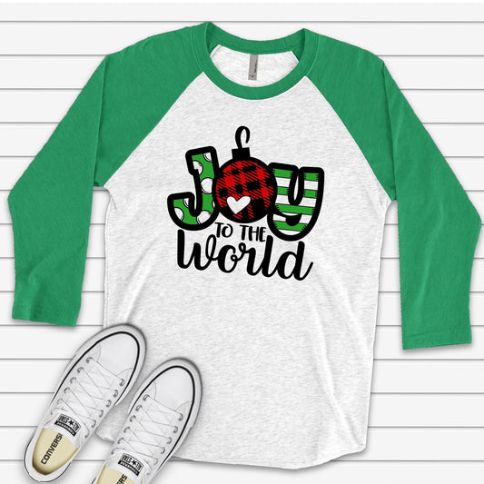 Christmas Raglan, Cute Joy to the World Plaid Ornament,  JOY Ornament Design, premium Raglan 3/4 sleeve shirt, plus size, 2X, 3X