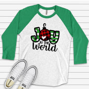 Christmas Raglan, Cute Joy to the World Plaid Ornament,  JOY Ornament Design, premium Raglan 3/4 sleeve shirt, plus size, 2X, 3X