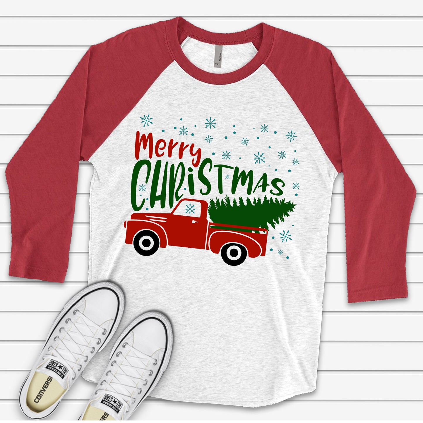Christmas Raglan, Old Red Truck with Christmas Tree, Snowflakes and Old Truck Design, premium Raglan 3/4 sleeve shirt, plus size, 2X, 3X