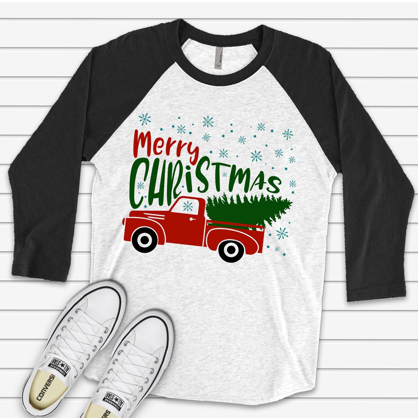 Christmas Raglan, Old Red Truck with Christmas Tree, Snowflakes and Old Truck Design, premium Raglan 3/4 sleeve shirt, plus size, 2X, 3X