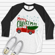 Christmas Raglan, Old Red Truck with Christmas Tree, Snowflakes and Old Truck Design, premium Raglan 3/4 sleeve shirt, plus size, 2X, 3X