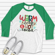 Christmas Raglan, Super Fun Warm Hugs and Hot Chocolate, Winter Time Hot Cocoa Design, premium Raglan 3/4 sleeve shirt, plus size, 2X, 3X