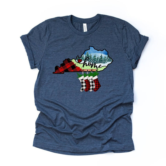 Christmas Tee, Christmas in Kentucky, Buffalo Plaid KY Home Design, premium unisex shirt, 3 color choices, plus sizes, 3x and 4x christmas