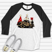 Christmas Raglan, Vintage Leopard Christmas Truck with Modern Christmas trees Design on premium Raglan 3/4 sleeve shirt, plus size, 2X, 3X