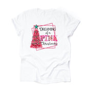 Christmas Tee, Dreaming of a Pink Christmas, Cute Pink Christmas tree Design on premium cotton unisex shirt, plus sizes, 2x, 3x, 4x