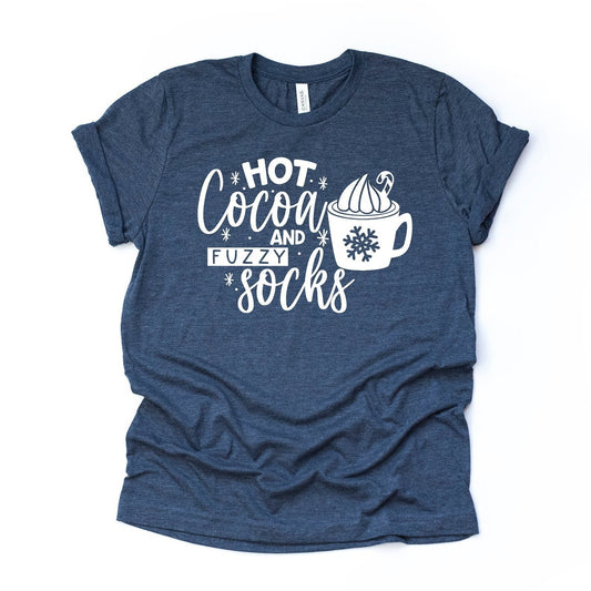 Christmas Tee, Hot Cocoa and Fuzzy Socks, Cute Hot Chocolate and Socks Design on premium cotton unisex shirt, plus sizes, 2x, 3x, 4x
