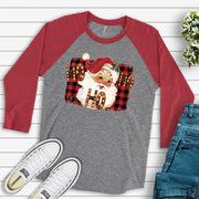 Christmas Raglan, HO HO HO Marquee Sign with Old Fashioned Santa Design on premium Raglan 3/4 sleeve shirt, plus size, 2X, 3X