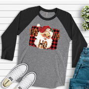 Christmas Raglan, HO HO HO Marquee Sign with Old Fashioned Santa Design on premium Raglan 3/4 sleeve shirt, plus size, 2X, 3X