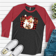 Christmas Raglan, HO HO HO Marquee Sign with Old Fashioned Santa Design on premium Raglan 3/4 sleeve shirt, plus size, 2X, 3X