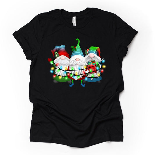 Christmas Tee, Cute Christmas Gnomes Tangled in Christmas Lights, Gnomes in Lights Design on premium unisex shirt, plus sizes, 2x, 3x, 4x