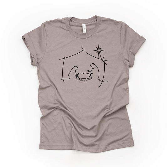 Christmas Nativity Scene, Simple Drawing of Manger Scene, Modern Nativity Design on premium unisex shirt, plus sizes, 2x, 3x, 4x