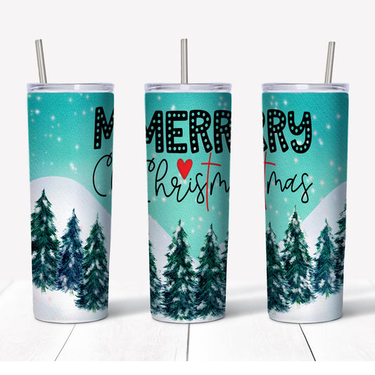 20 oz Skinny Tumbler, Merry Christmas Snowy Winter Scene Tumbler, Fun Christmas Tumbler, Christmas Skinny, 20 oz Stainless Steel Tumbler