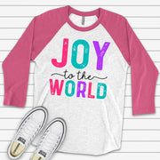 Christmas Raglan, Fun and Bright JOY to the WORLD Design on premium Raglan 3/4 sleeve shirt, plus size, 2X, 3X