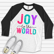 Christmas Raglan, Fun and Bright JOY to the WORLD Design on premium Raglan 3/4 sleeve shirt, plus size, 2X, 3X