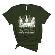 Christmas Tee,  Walking in a Winter Wonderland Forest Gnomes, Woodland Gnomes Design on premium cotton unisex shirt, plus sizes, 2x, 3x, 4x