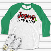 Christmas Raglan, Red Plaid JESUS Is The Reason with Holly, Christian Christmas Design on premium Raglan 3/4 sleeve shirt, plus size, 2X, 3X