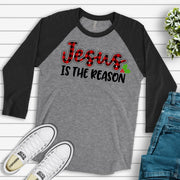 Christmas Raglan, Red Plaid JESUS Is The Reason with Holly, Christian Christmas Design on premium Raglan 3/4 sleeve shirt, plus size, 2X, 3X
