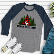 Christmas Raglan, Cute Red Plaid Christmas Trees with Deer, Christmas Deer Design on premium Raglan 3/4 sleeve shirt, plus size, 2X, 3X