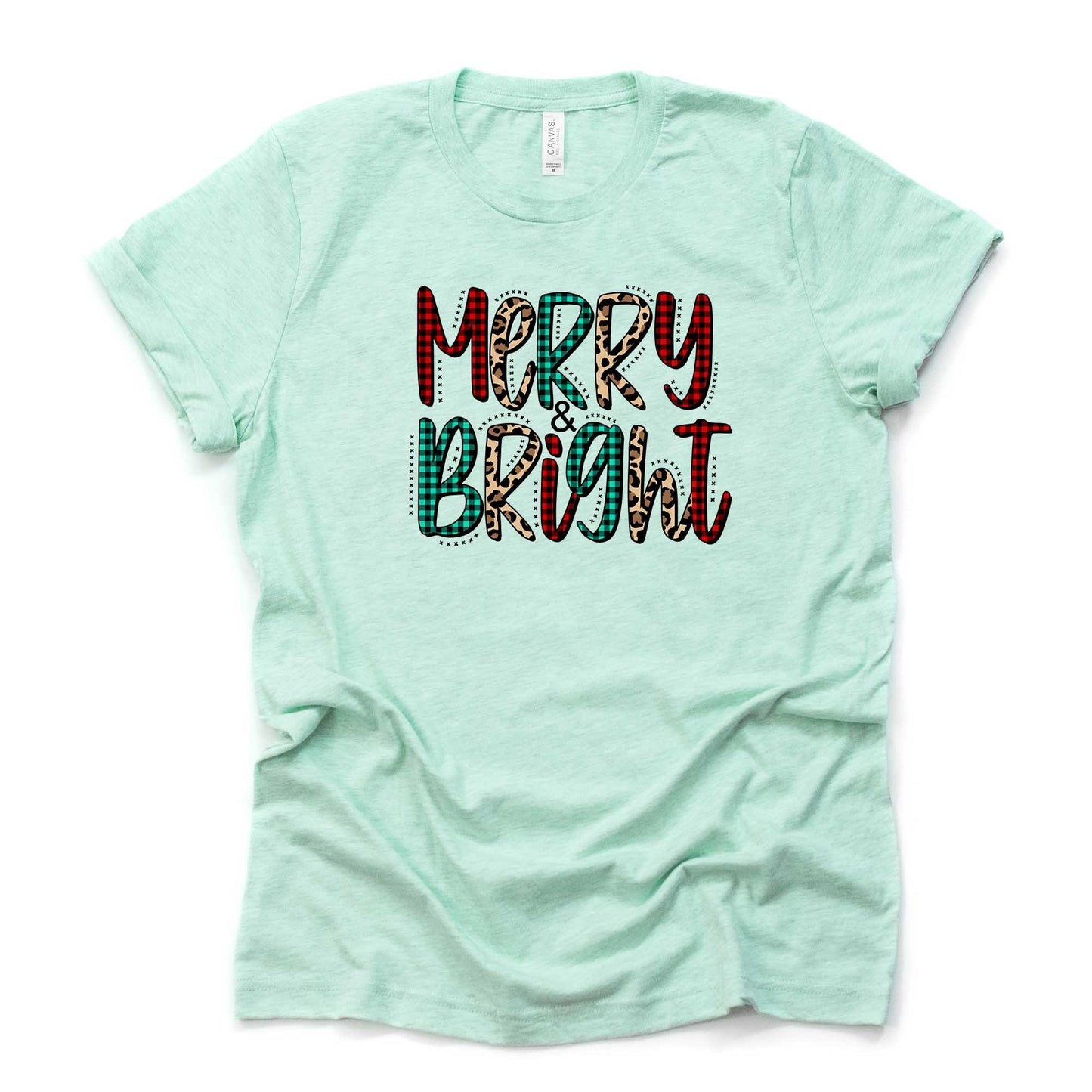 Christmas Tee, Cute Red & Green Plaid Merry and Bright, Leopard Print Design on premium unisex shirt, 2 color choices, plus sizes available