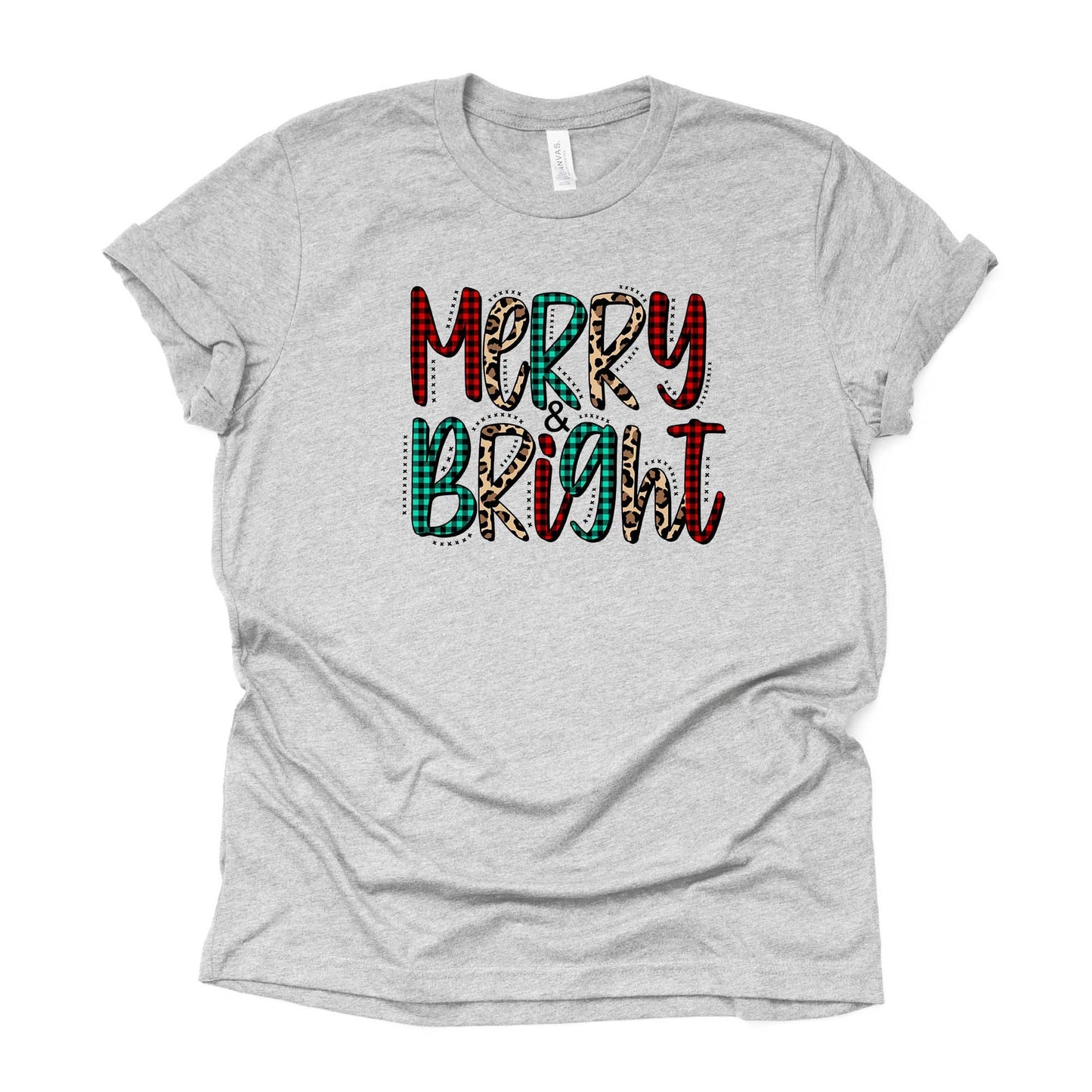 Christmas Tee, Cute Red & Green Plaid Merry and Bright, Leopard Print Design on premium unisex shirt, 2 color choices, plus sizes available