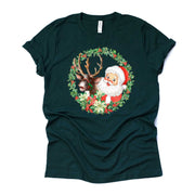 Christmas Tee, Vintage Santa and Reindeer, Retro Santa Claus with Deer Design on premium unisex shirt, 2 color choices, plus sizes available