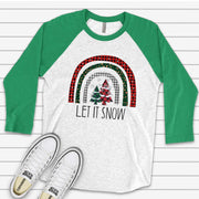 Christmas Raglan, Super Cute Plaid Christmas Rainbow, Let It Snow Rainbow Design on premium Raglan 3/4 sleeve shirt, plus size, 2X, 3X