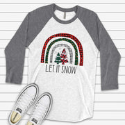 Christmas Raglan, Super Cute Plaid Christmas Rainbow, Let It Snow Rainbow Design on premium Raglan 3/4 sleeve shirt, plus size, 2X, 3X