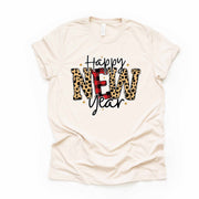 New Year's 2023 Tee, Red Buffalo Plaid and Leopard Happy New Year Design on premium Bella + Canvas unisex shirt, 3 color choices, plus size