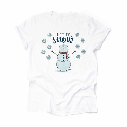 Christmas Tee, Super Fun Snowman Looking Up at Snowflakes, Snowman Let It Snow Design on premium unisex shirt, 2 color choices, plus size