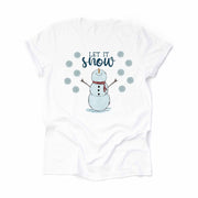 Christmas Tee, Super Fun Snowman Looking Up at Snowflakes, Snowman Let It Snow Design on premium unisex shirt, 2 color choices, plus size