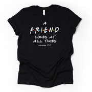 Christian Tee, A Friend Loves At all Times, Proverbs 17:17, Group of Friends Tee design on premium unisex shirt, 2 color choices, plus size