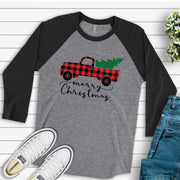 Christmas Raglan, Cute Buffalo Plaid Truck with Christmas Tree, Merry Christmas Design on premium Raglan 3/4 sleeve shirt, plus size, 2X, 3X