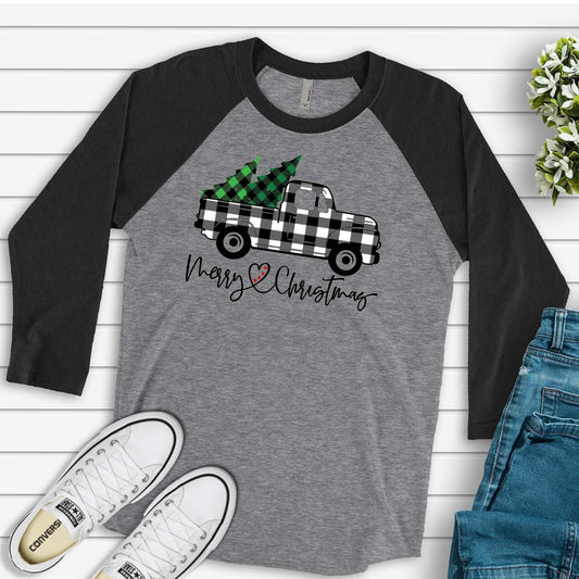 Christmas Raglan, White Buffalo Plaid Truck with Christmas Tree, Merry Christmas Design, premium Raglan 3/4 sleeve shirt, plus size, 2X, 3X