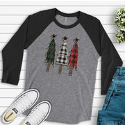 Christmas Raglan, Distressed Wooden Plaid Christmas Trees, Wooden Christmas Trees Design, premium Raglan 3/4 sleeve shirt, plus size, 2X, 3X